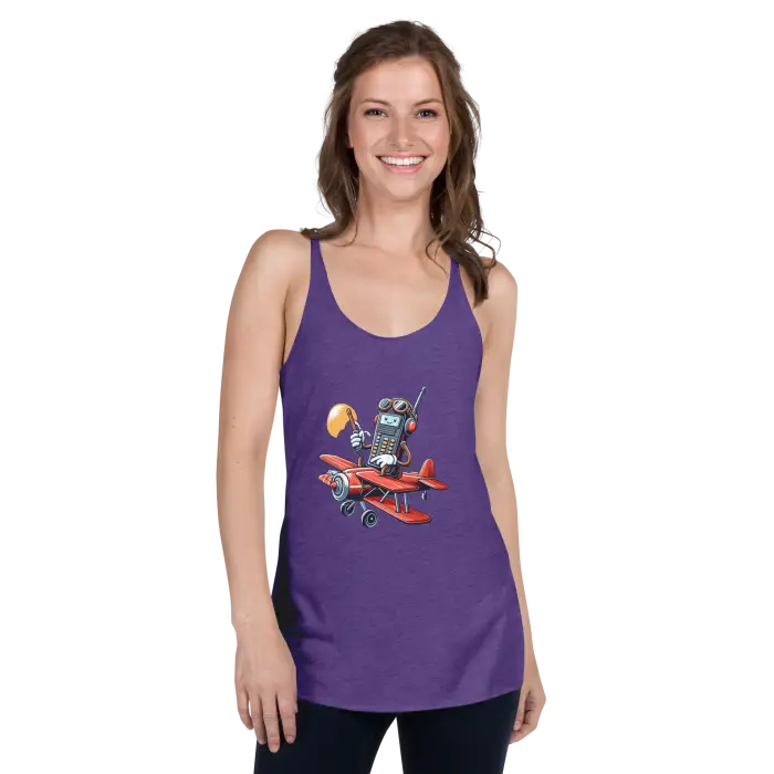 Purple tank top with cartoon airplane.