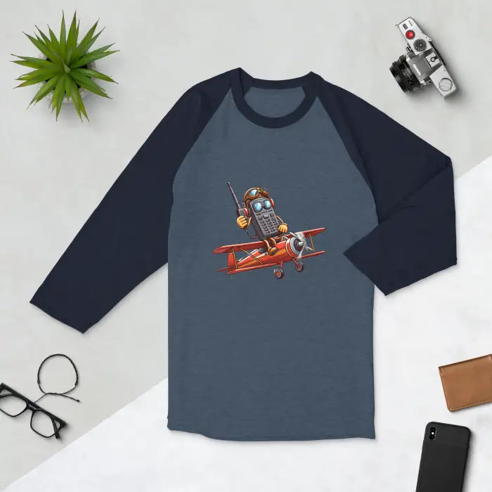 Raglan shirt with cartoon airplane design.