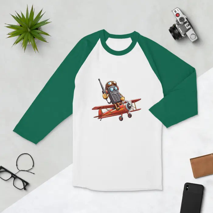 Green-sleeved raglan shirt.