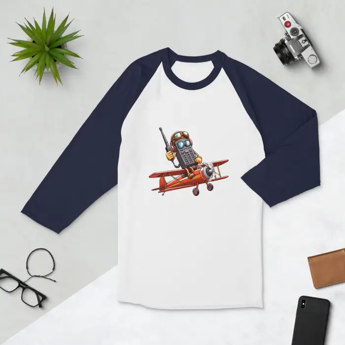 White and navy baseball tee with cartoon airplane design.