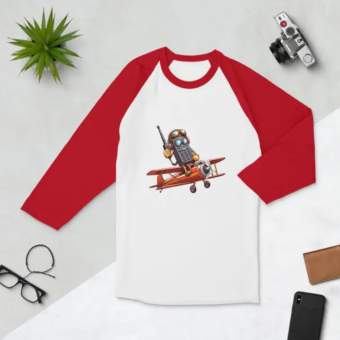 Red and white raglan shirt.