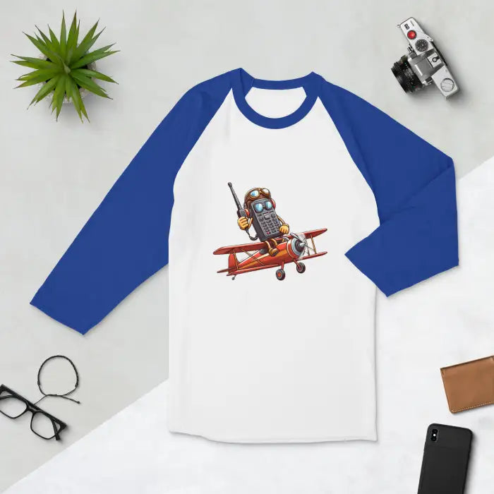 Blue-sleeved baseball shirt.