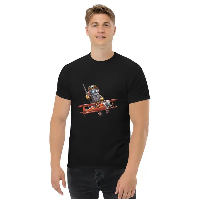 Black t-shirt with cartoon airplane graphic.