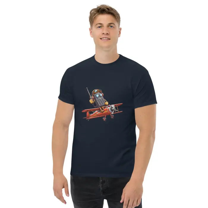 Navy t-shirt with calculator airplane graphic.