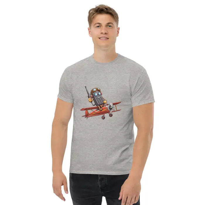 Gray t-shirt with cartoon airplane graphic.