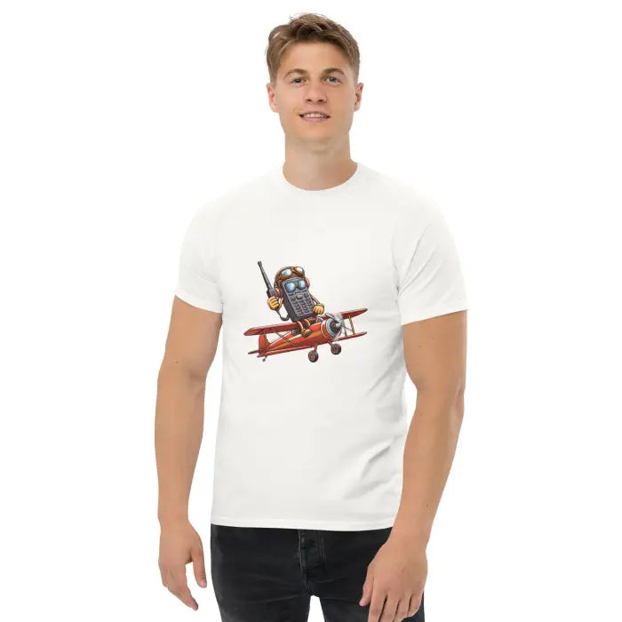 White t-shirt with cartoon airplane graphic.