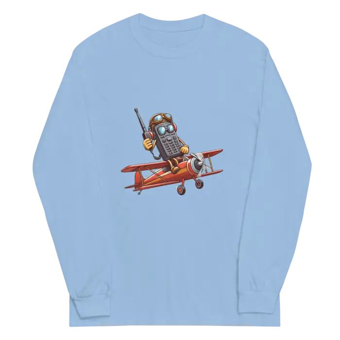 Light blue long-sleeved shirt.