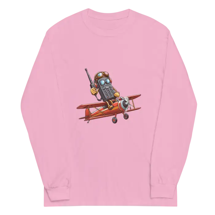 Pink long-sleeved shirt with cartoon airplane graphic.