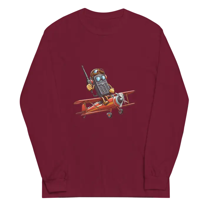 Maroon long-sleeved shirt with cartoon airplane graphic.