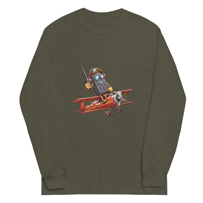 Olive green long-sleeved shirt with cartoon airplane graphic.