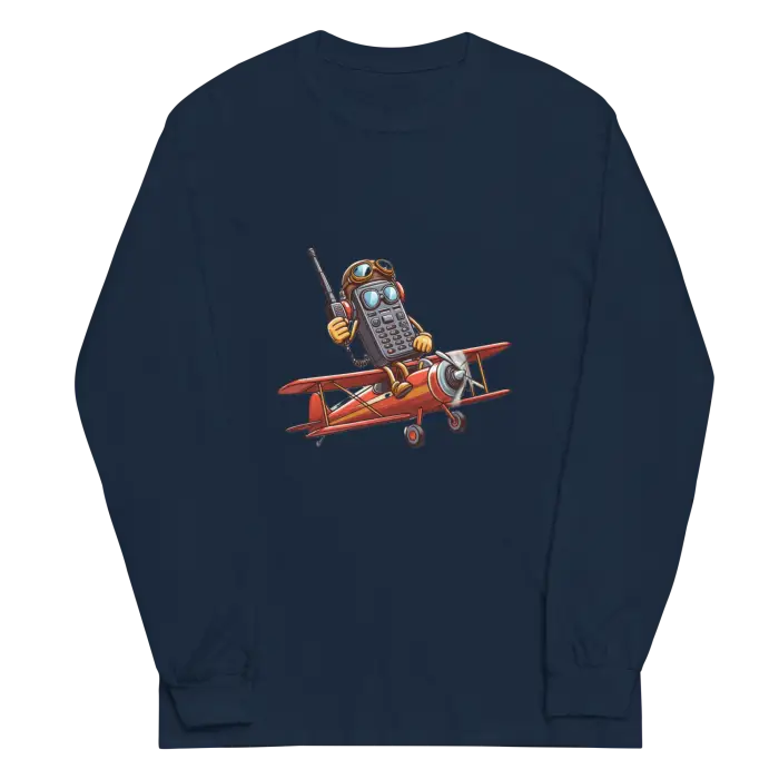 Navy blue long-sleeved shirt with cartoon airplane graphic.