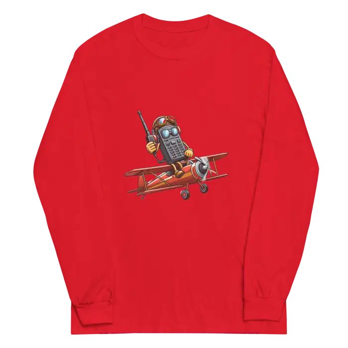 Red long-sleeved shirt with cartoon airplane graphic.