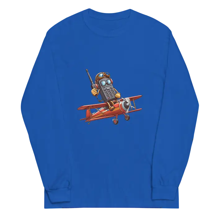 Blue long-sleeved shirt with cartoon airplane graphic.