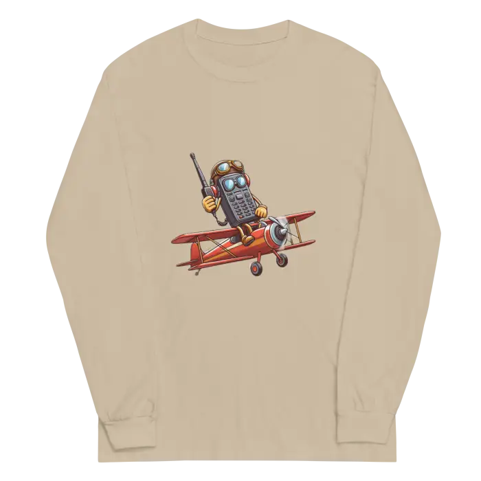 Beige long-sleeved shirt with cartoon airplane graphic.