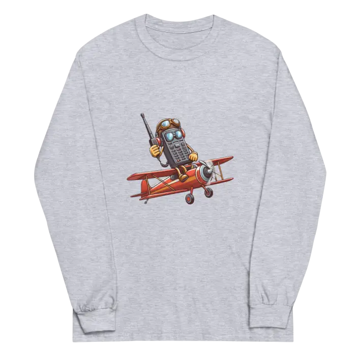 Gray long-sleeved shirt with cartoon airplane design.