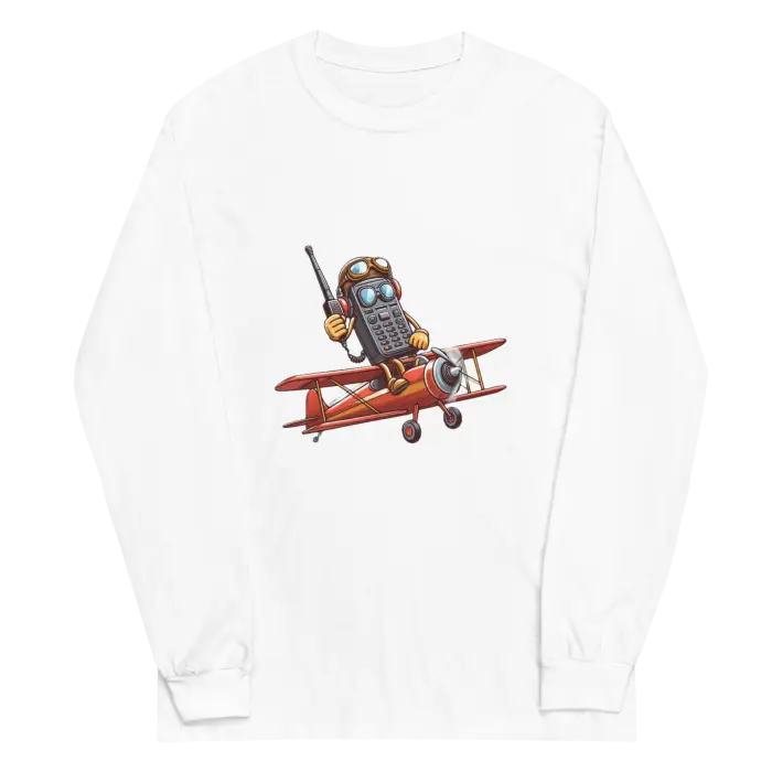 White long-sleeved shirt with cartoon airplane design.