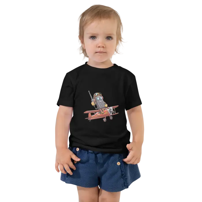 Child’s black t-shirt with cartoon airplane graphic.