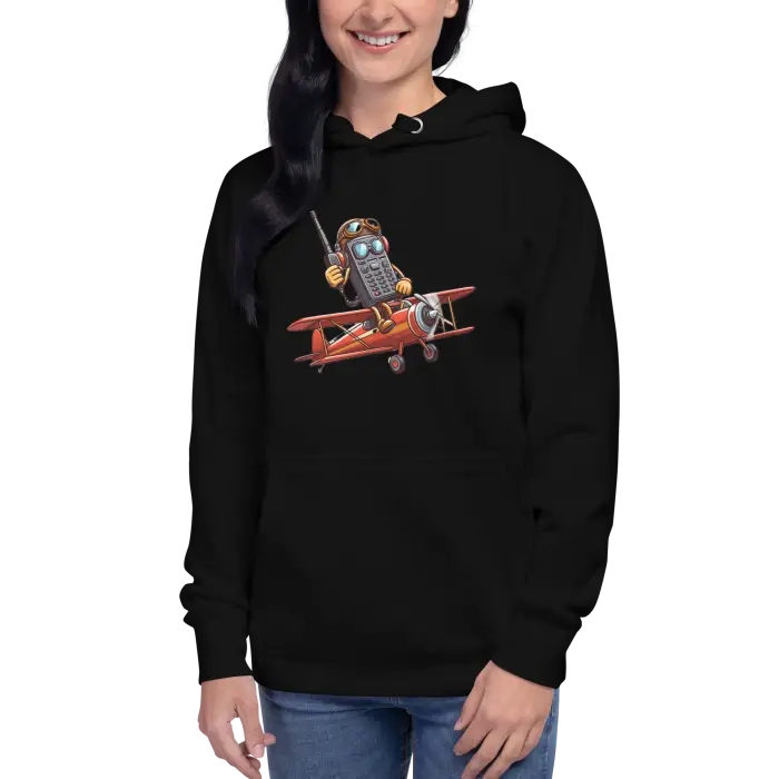 Black hoodie with cartoon airplane.