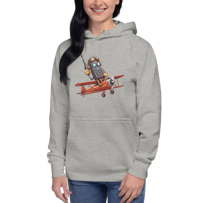 Gray hoodie with cartoon airplane graphic.