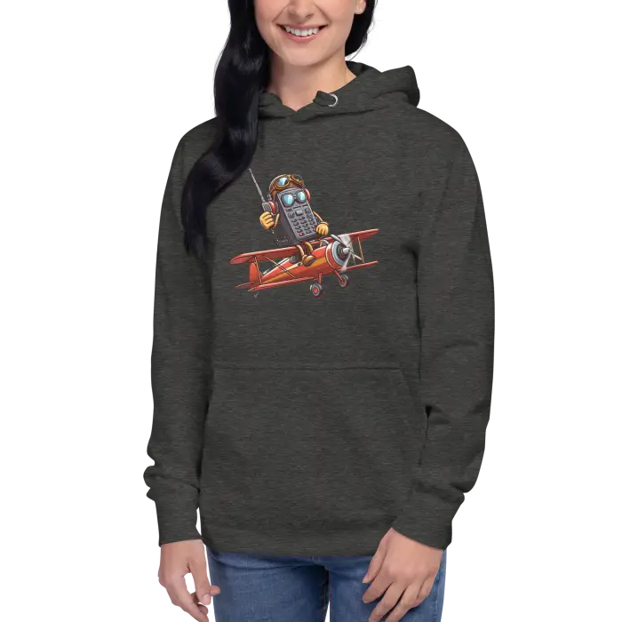 Gray hoodie with cartoon airplane graphic.