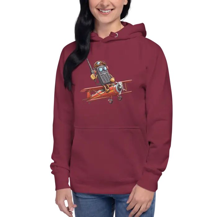 Maroon hoodie with cartoon airplane.