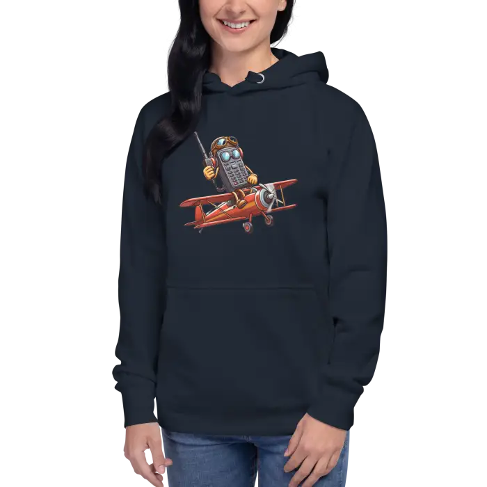 Navy hoodie with cartoon airplane graphic.