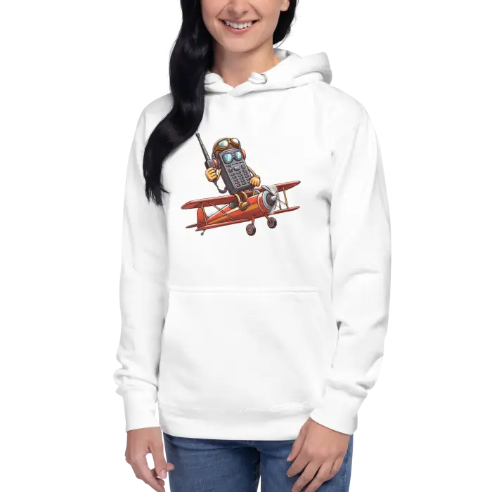 White hoodie with cartoon airplane design.