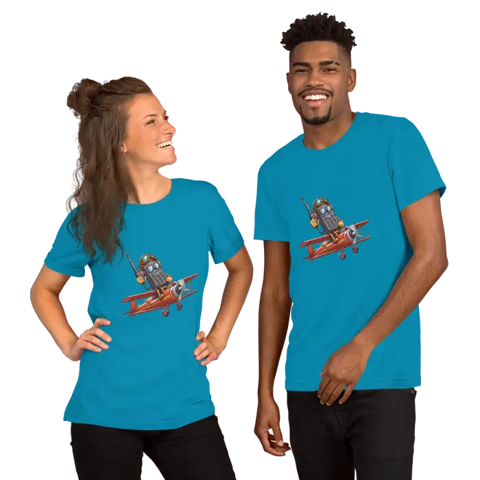 Matching turquoise t-shirts.