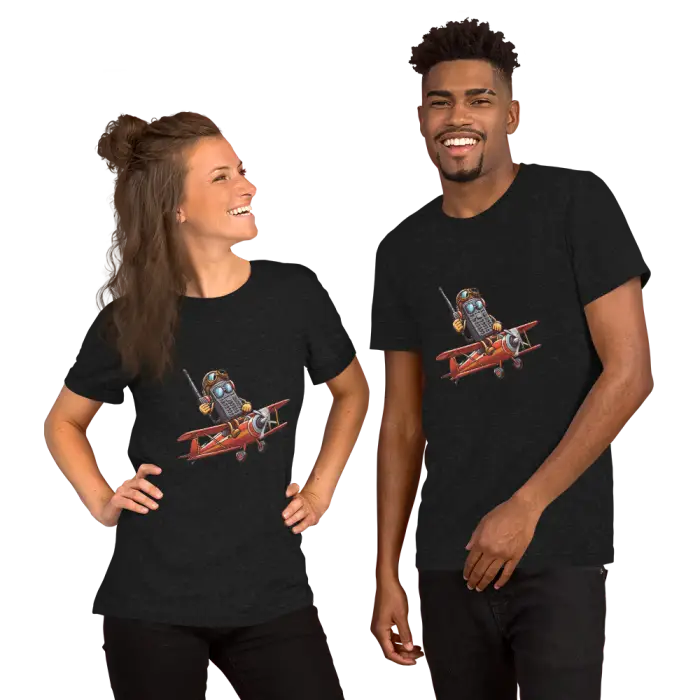 Matching black t-shirts.