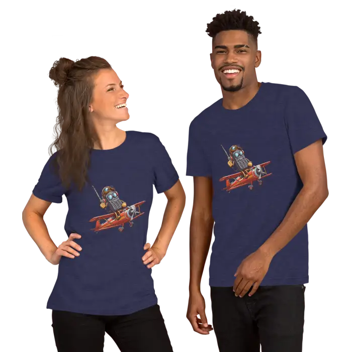 Two navy t-shirts with a cartoon airplane design.