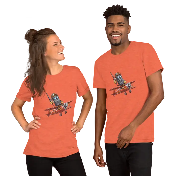 Matching orange t-shirts with airplane graphic.