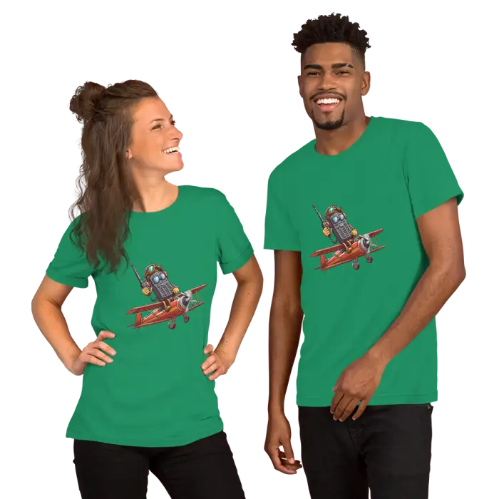 Matching green t-shirts with airplane graphic.