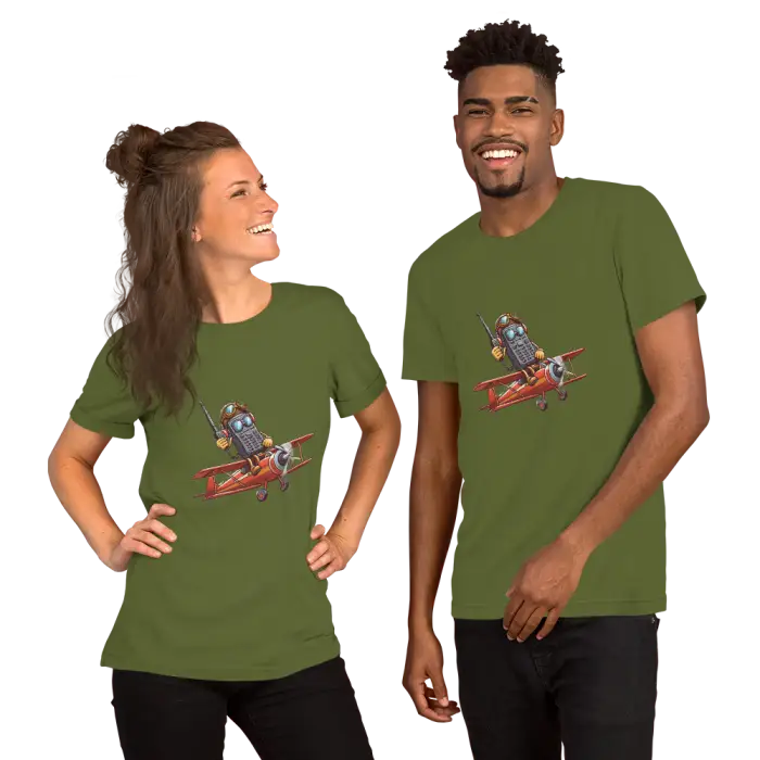 Matching olive green t-shirts.