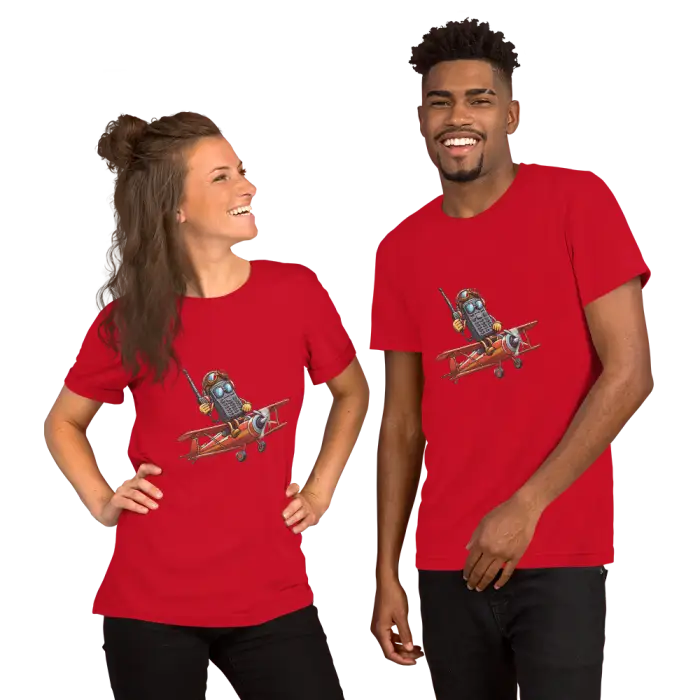 Matching red t-shirts with airplane graphic.