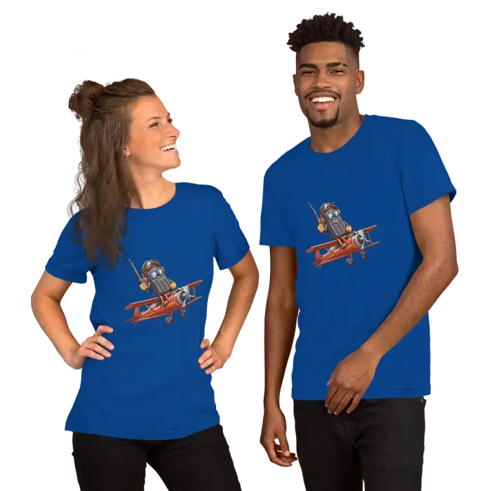 Matching blue t-shirts.