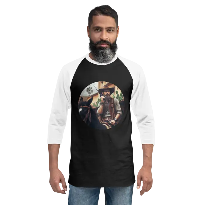Black and white baseball tee with cowboy graphic.