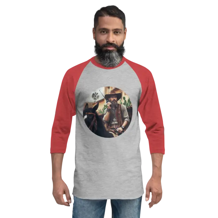 Red and gray baseball tee with cowboy graphic.