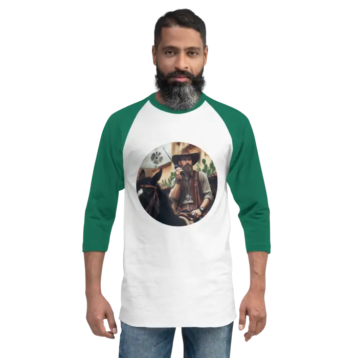 Green and white baseball tee with cowboy graphic.