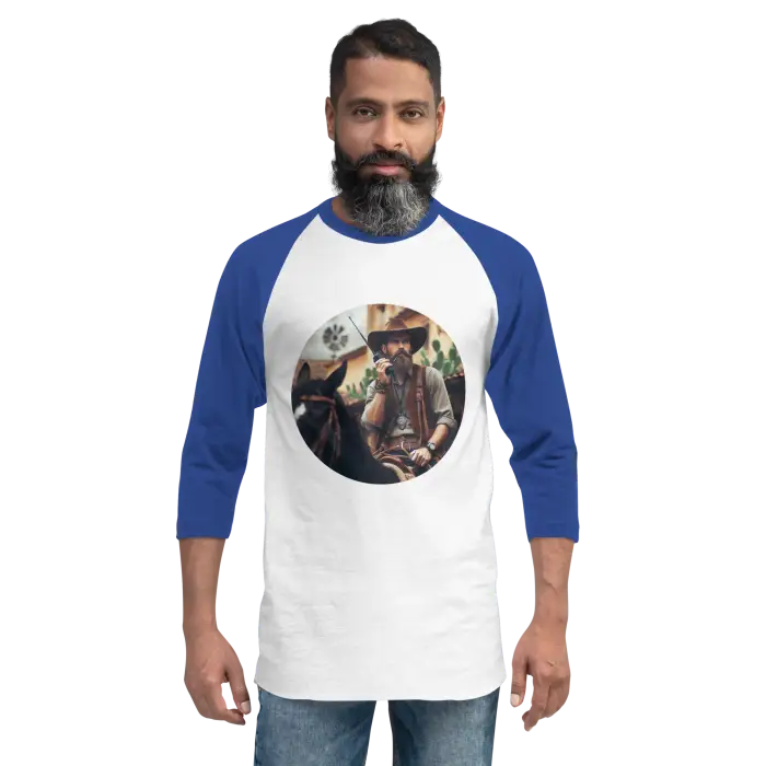 Blue and white baseball tee with cowboy graphic.