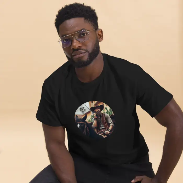 Black t-shirt with cowboy graphic.