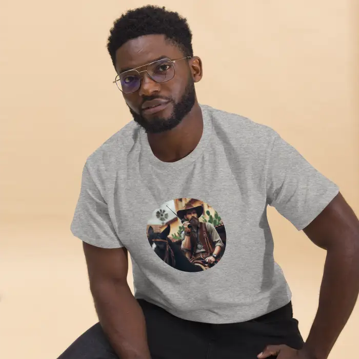 Gray t-shirt with cowboy graphic.
