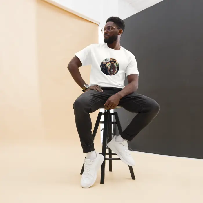 Man in white t-shirt and dark jeans.