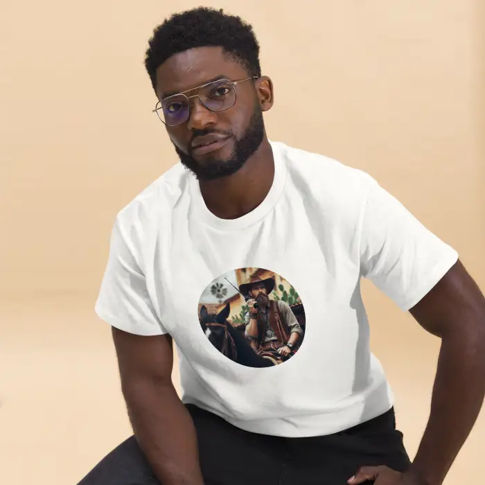 White t-shirt with cowboy graphic.