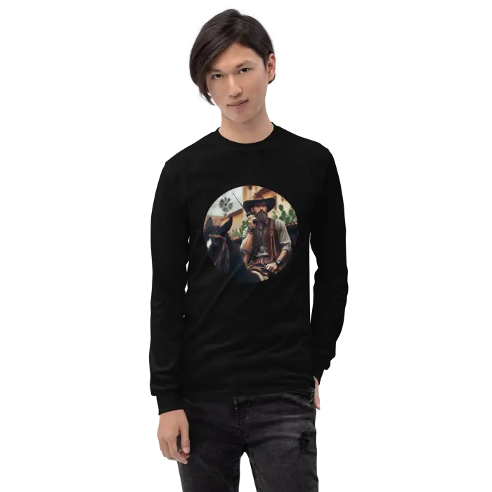 Black long-sleeved shirt with cowboy graphic.