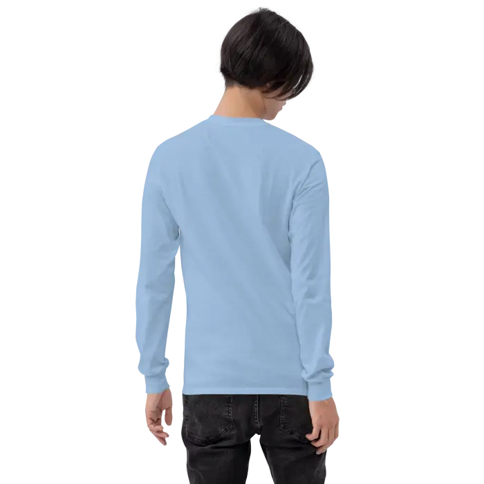 Light blue long-sleeved shirt.