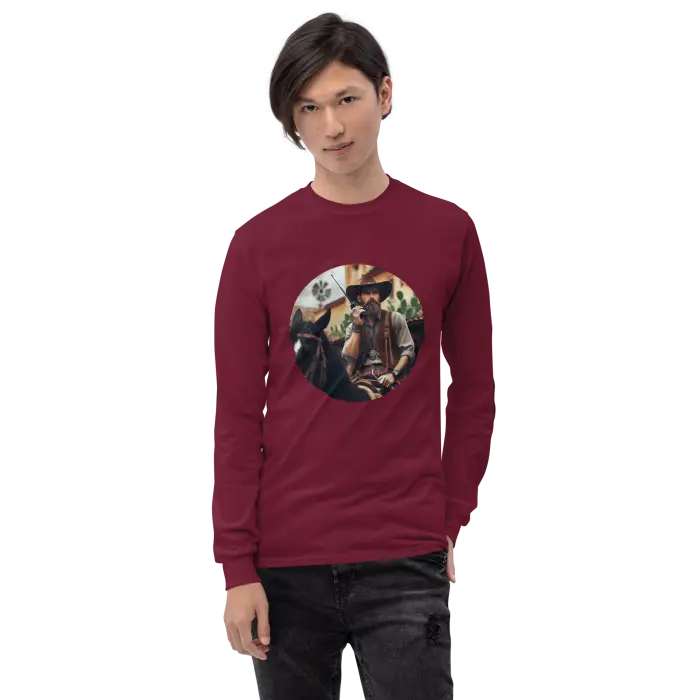 Burgundy long-sleeved shirt with cowboy graphic.