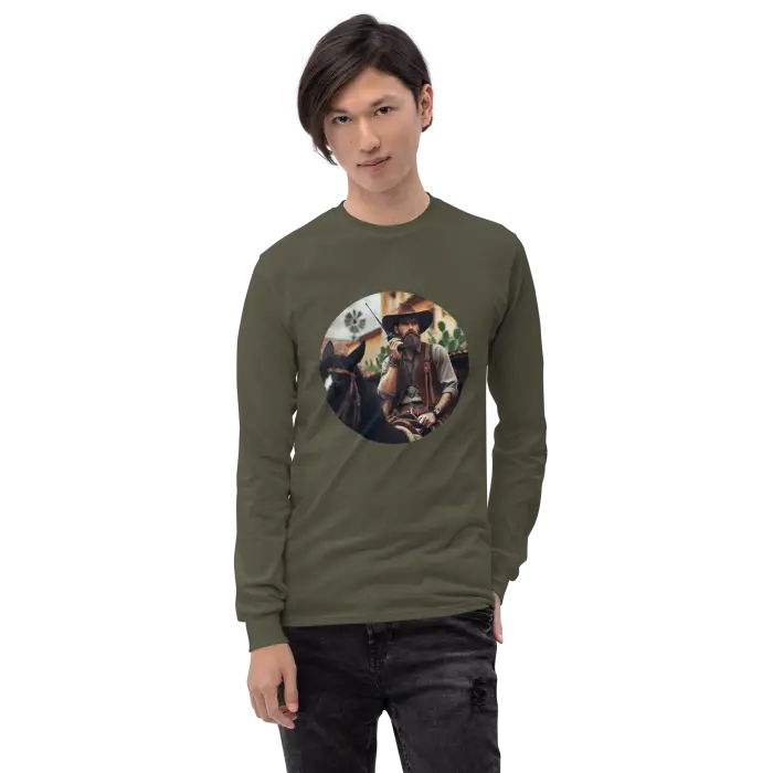 Olive long-sleeved shirt with cowboy graphic.