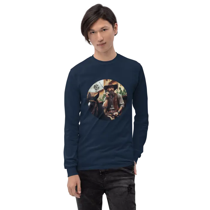 Navy long-sleeved shirt with cowboy graphic.