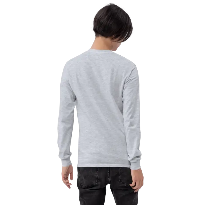 Person wearing a long-sleeved gray shirt.
