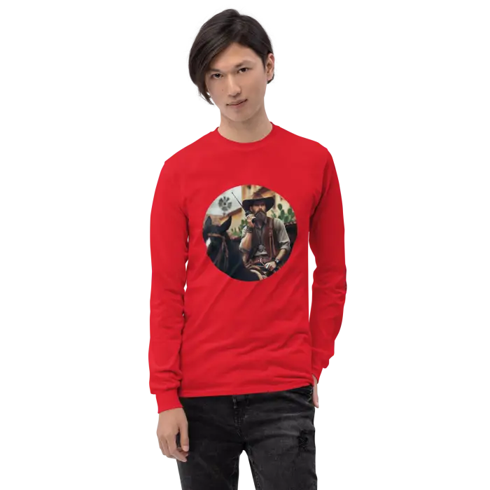 Red long-sleeved shirt with a circular graphic.